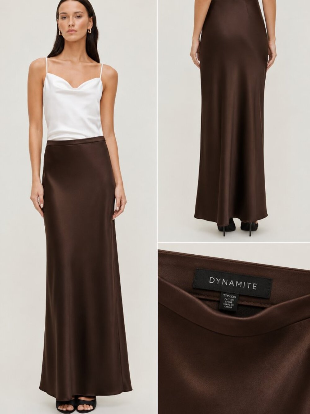 Dynamite Satin Midi Skirt – Chocolate Brown | Minimalist Slip Skirt